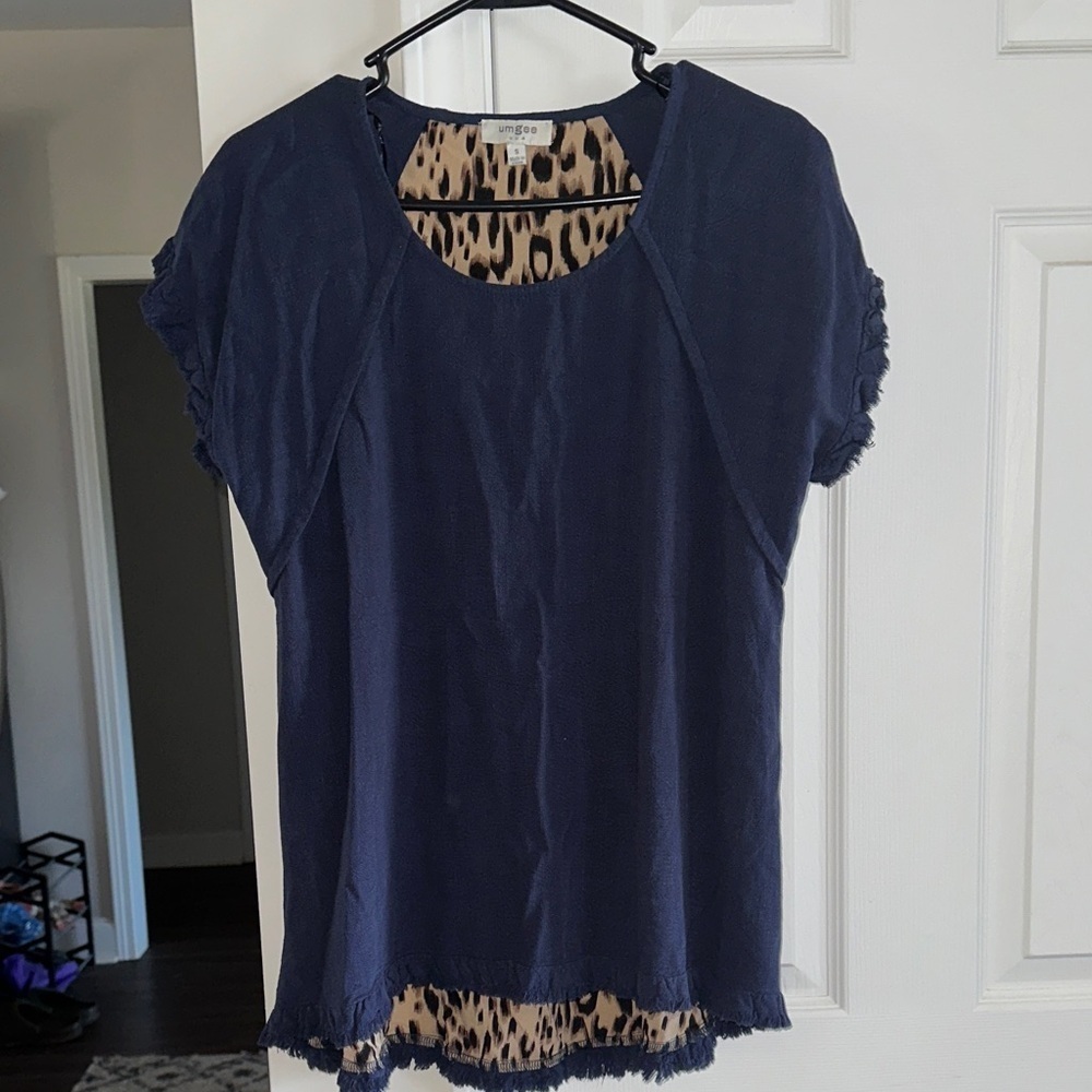 Umgee Navy Top with Leopard Print Detail